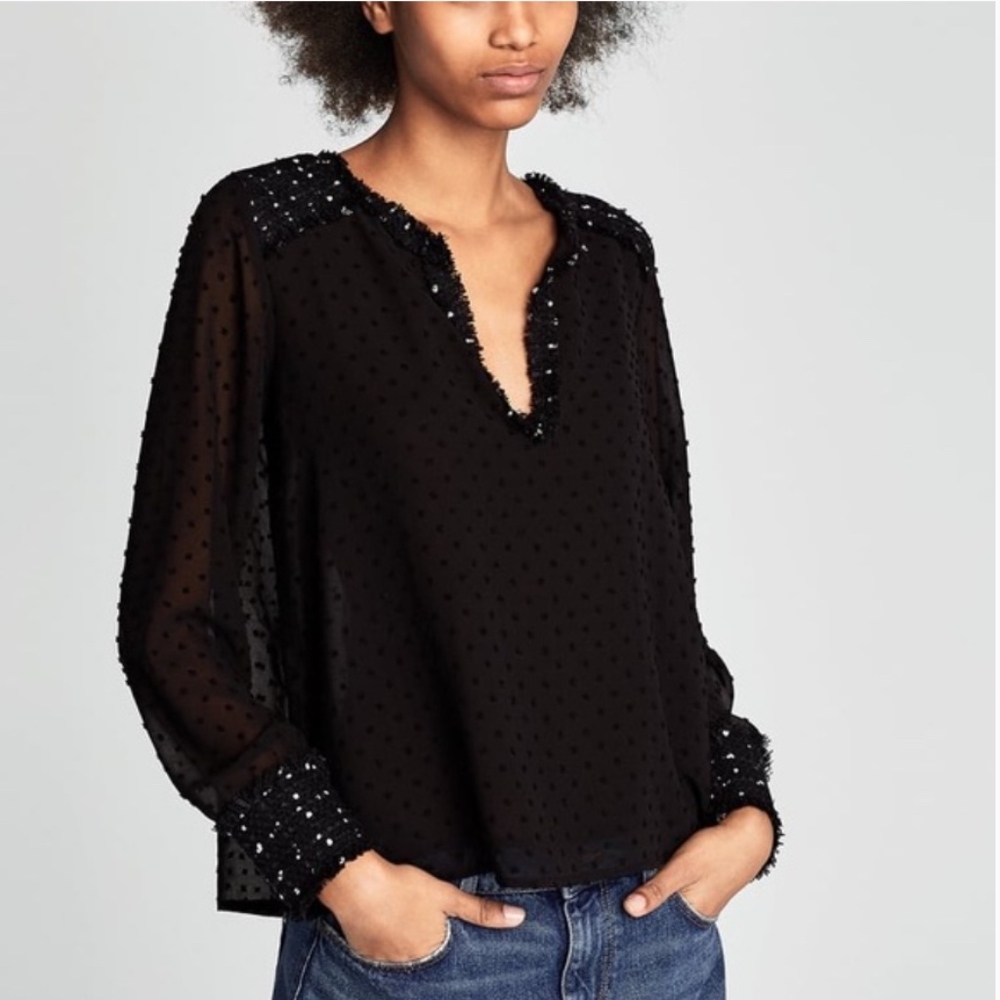 Zara Swiss Dot Tweed Long Sleeve Blouse Top Small